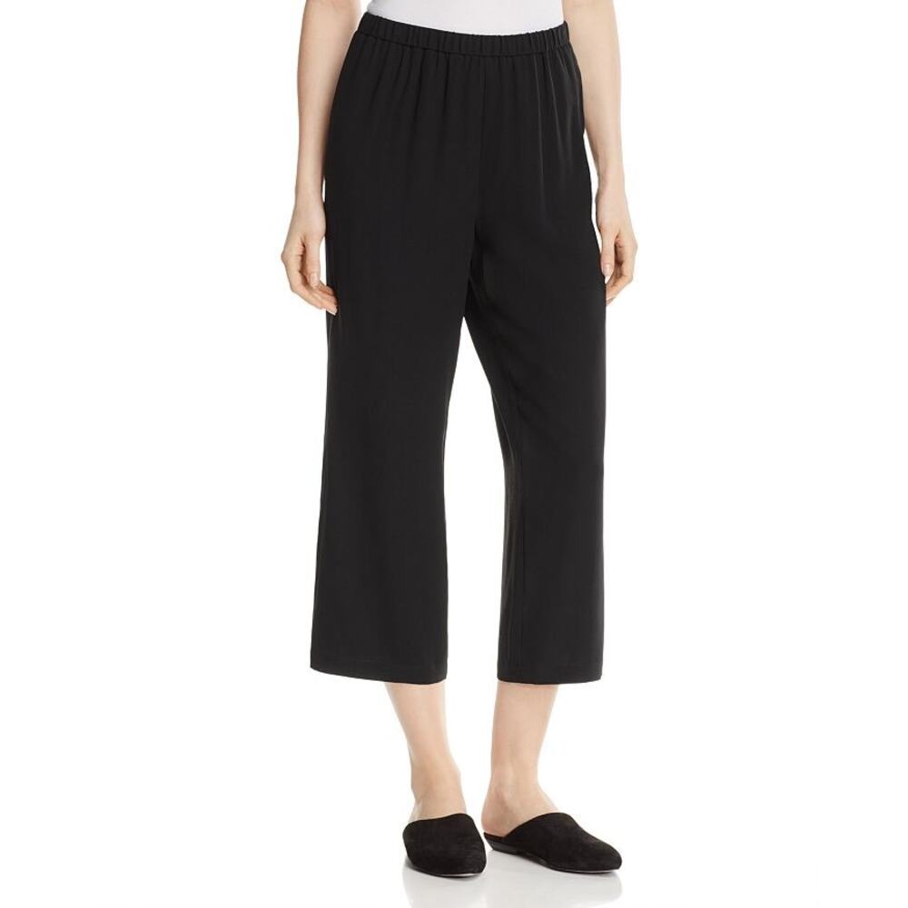 Eileen Fisher System Silk Black Georgette Crepe Cropped Pants Size Large NWT